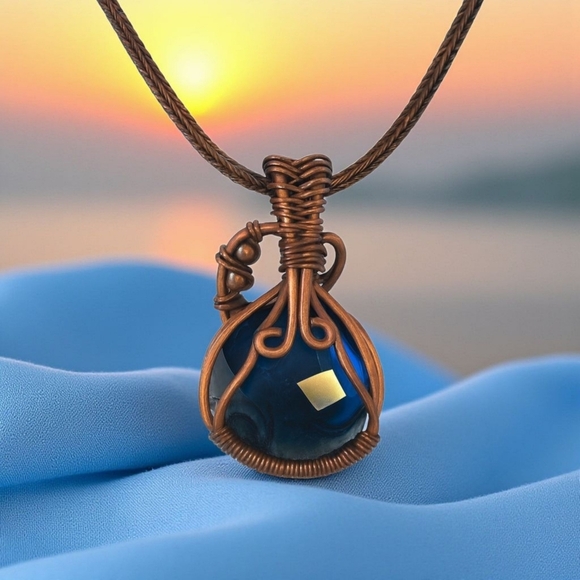 🆕️ Boho Chic Deep Blue Quartz Copper Wire Wrapped Pendant Statement Necklace - Picture 14 of 16